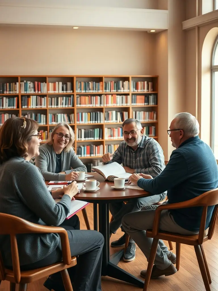 Adults participating in a book club discussion, sharing their insights and interpretations of a novel in the welcoming space of LE MOULIN DES LETTRES.