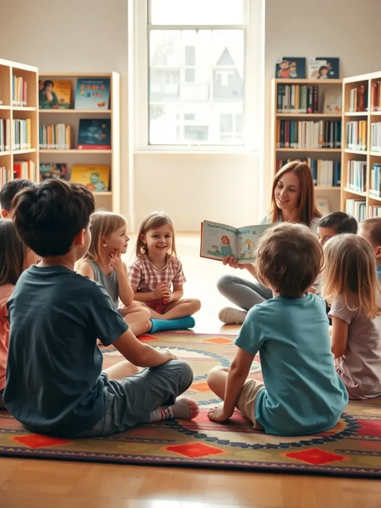 A group of children sitting in a circle, listening attentively to a librarian reading a storybook during a children's reading program at LE MOULIN DES LETTRES.