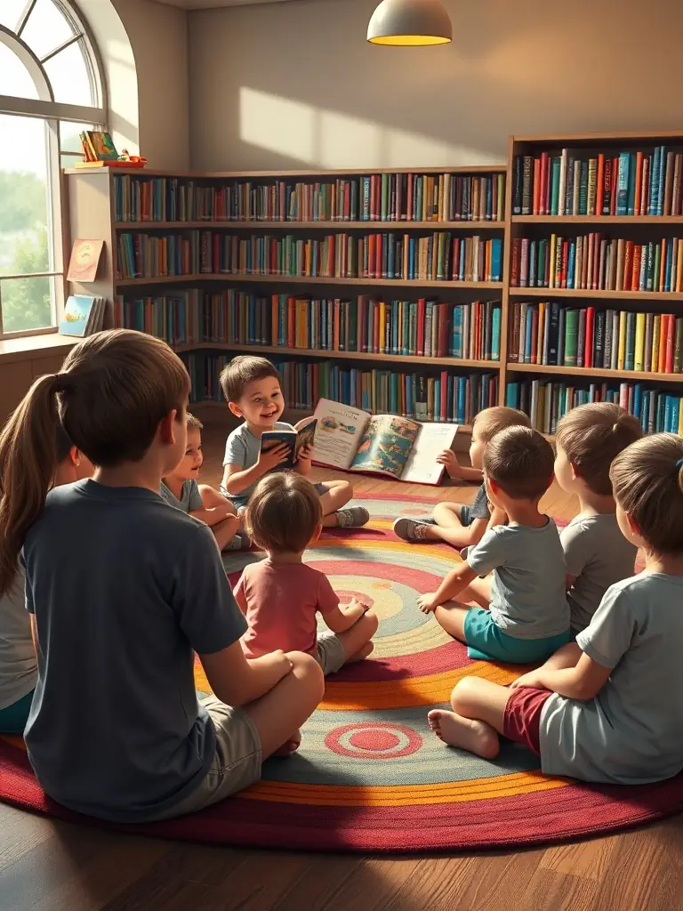 A group of children sitting in a circle, listening attentively to a librarian reading a storybook during a storytelling session at LE MOULIN DES LETTRES.