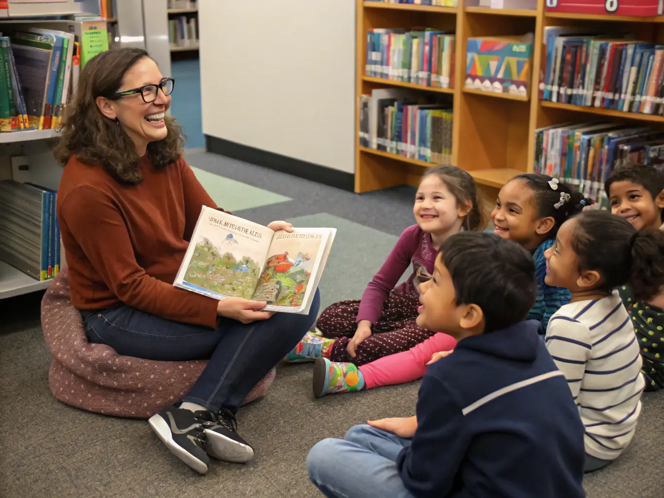 A group of children enthusiastically participating in a storytelling session at the library, with a librarian dressed as a fairy tale character reading aloud from a large, colorful book.
