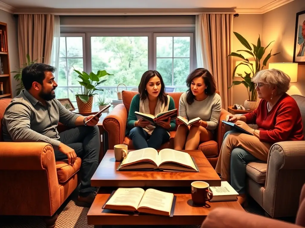 A diverse group of adults engaged in a lively book club discussion, sitting around a table with books and refreshments.