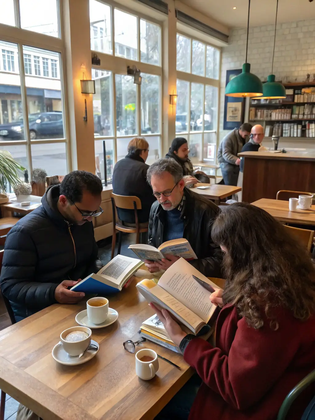 A photograph of adults participating in a book club discussion, with books and refreshments on the table, at LE MOULIN DES LETTRES.