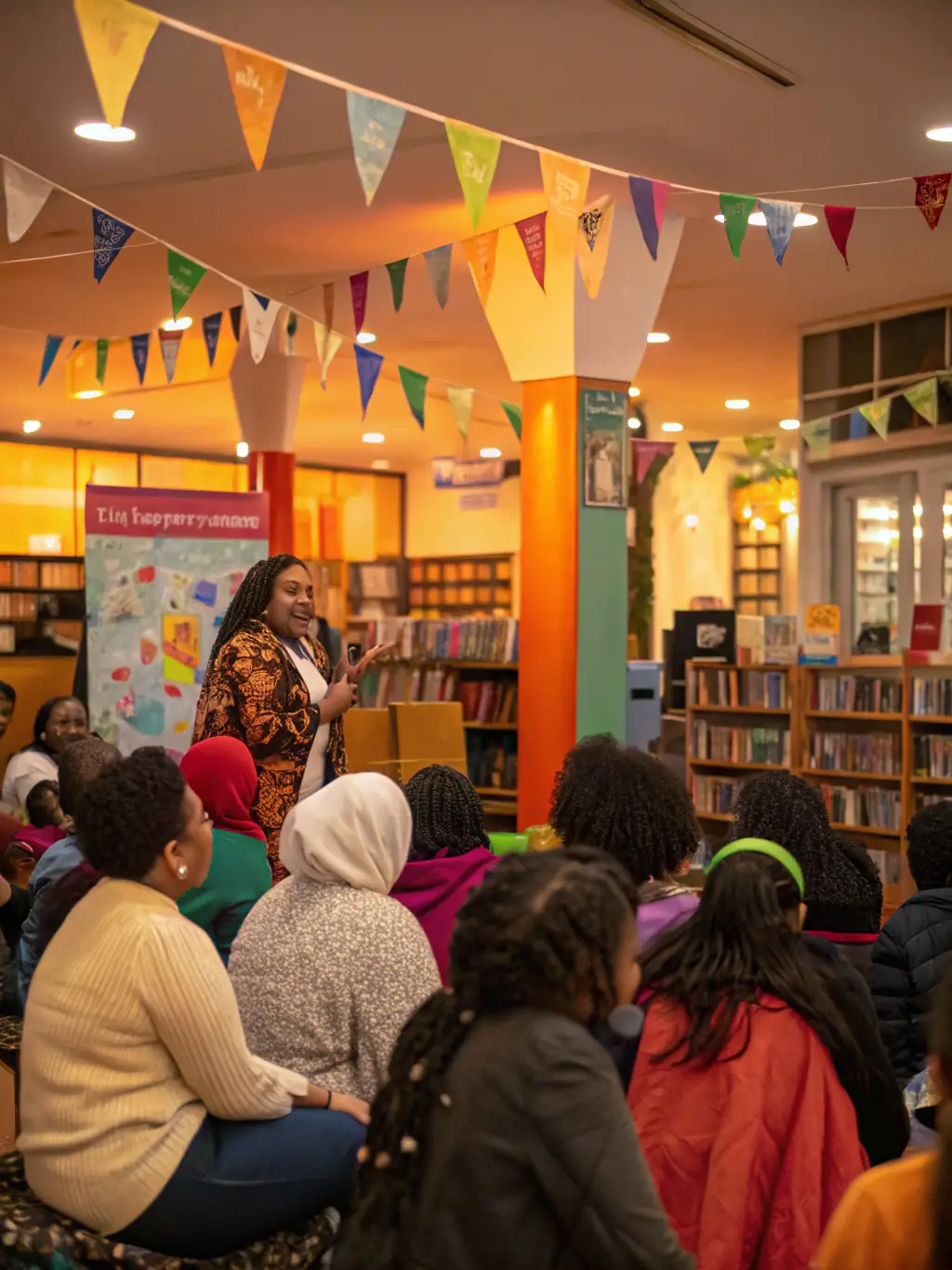 A photo of a community event at LE MOULIN DES LETTRES, showing people of all ages interacting and enjoying literary-themed activities.