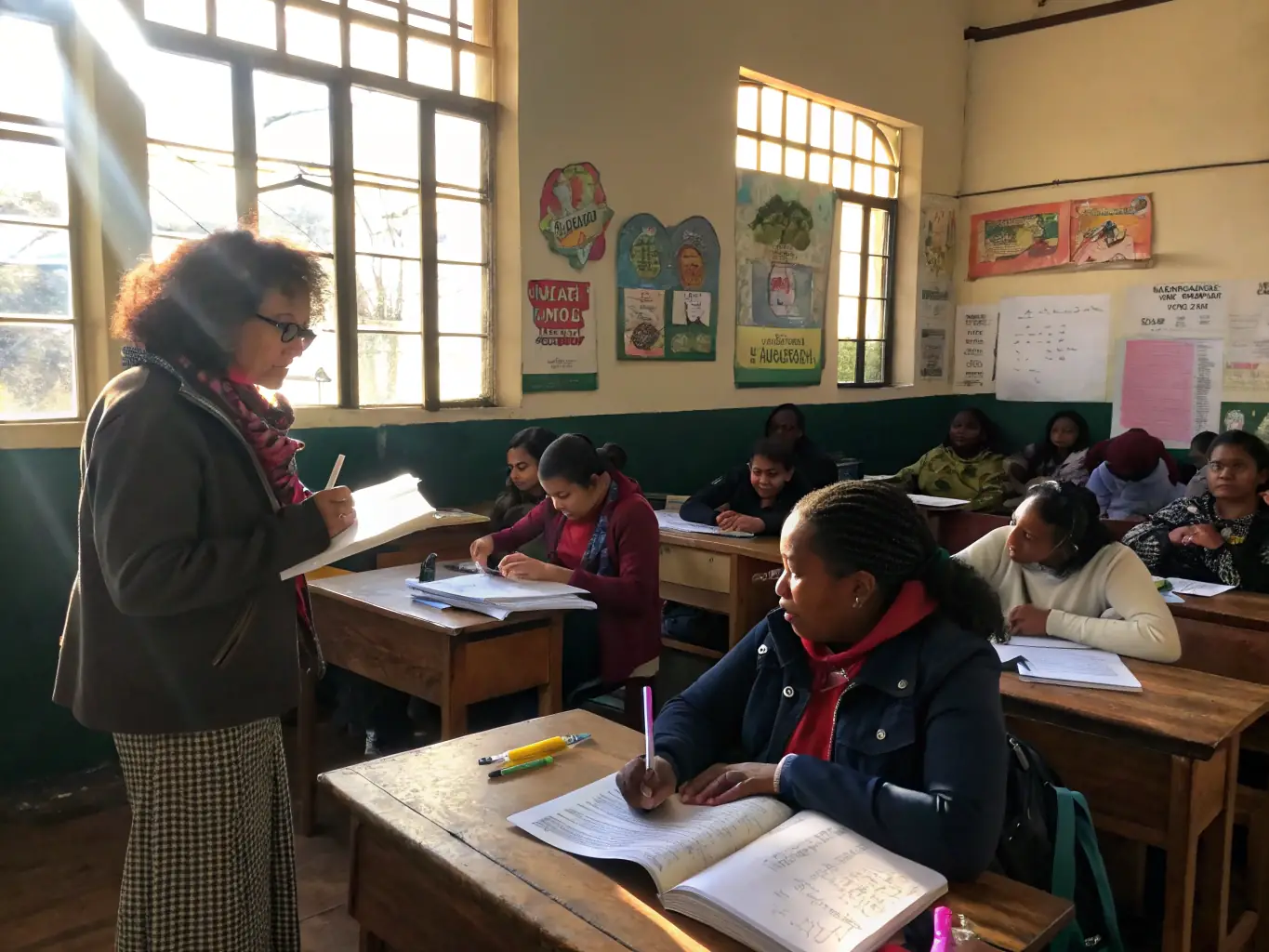 A workshop setting where participants are learning a new skill related to writing or literature, such as poetry composition or creative writing techniques.